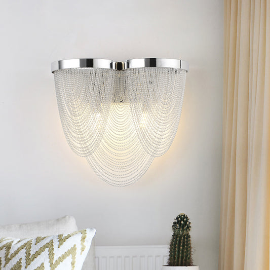 Silver Rippling Tassel Chain Wall Light Modern Vogue 2-Bulb Aluminum Sconce Lighting for Sitting Room Silver Clearhalo 'Cast Iron' 'Glass' 'Industrial' 'Modern wall lights' 'Modern' 'Tiffany' 'Traditional wall lights' 'Wall Lamps & Sconces' 'Wall Lights' Lighting' 1789468