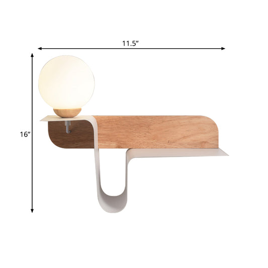 Orb Opal Frosted Glass Sconce Ideas Nordic 1 Bulb White-Wood Wall Mounted Lamp with Shelf, Left/Right Clearhalo 'Modern wall lights' 'Modern' 'Wall Lamps & Sconces' 'Wall Lights' Lighting' 1789501