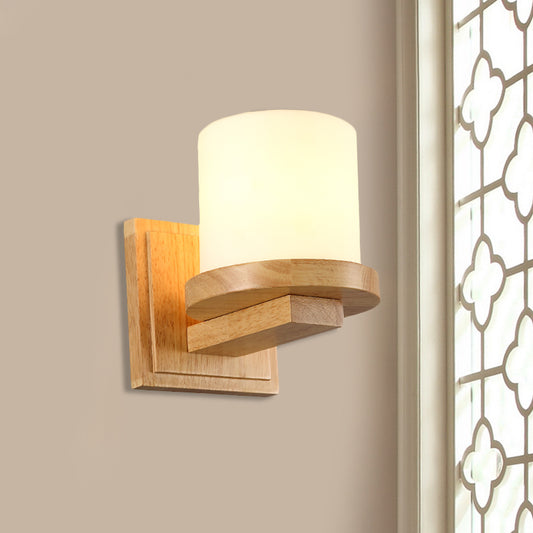 Nordic Pillar Opal Matte Glass Wall Lamp 1-Light Sconce Light Fixture with Wood Arm Wood Clearhalo 'Modern wall lights' 'Modern' 'Wall Lamps & Sconces' 'Wall Lights' Lighting' 1789532