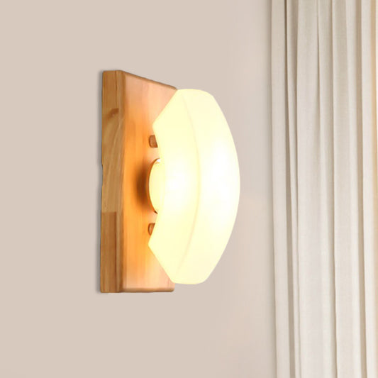 Frosted White Glass Cute Arch Sconce Nordic Single-Blue Wall Light with Wood Backplate Wood Clearhalo 'Modern wall lights' 'Modern' 'Wall Lamps & Sconces' 'Wall Lights' Lighting' 1789537