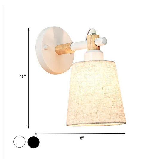 Nordic Horn Shade Fabric Wall Lamp 1-Light Sconce Light Fixture in Black/White with Wood Joint Clearhalo 'Cast Iron' 'Glass' 'Industrial' 'Modern wall lights' 'Modern' 'Tiffany' 'Traditional wall lights' 'Wall Lamps & Sconces' 'Wall Lights' Lighting' 1789560