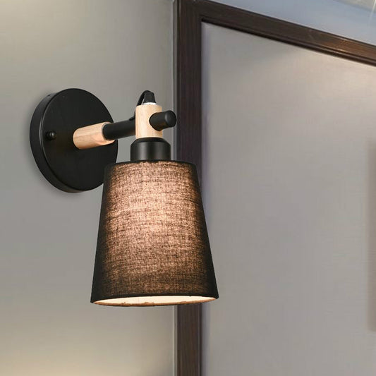 Nordic Horn Shade Fabric Wall Lamp 1-Light Sconce Light Fixture in Black/White with Wood Joint Clearhalo 'Cast Iron' 'Glass' 'Industrial' 'Modern wall lights' 'Modern' 'Tiffany' 'Traditional wall lights' 'Wall Lamps & Sconces' 'Wall Lights' Lighting' 1789563