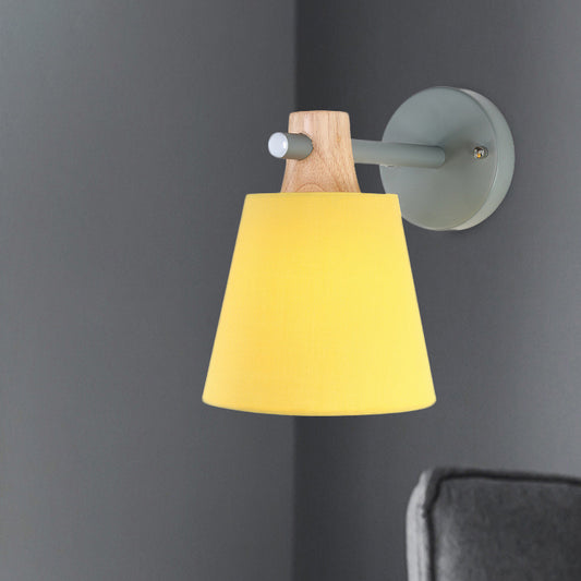 Conical Wall Light Fixture Macaron Fabric 1 Head Blue/White/Yellow Sconce Ideas with Straight Arm and Wood Lock Clearhalo 'Modern wall lights' 'Modern' 'Wall Lamps & Sconces' 'Wall Lights' Lighting' 1789572