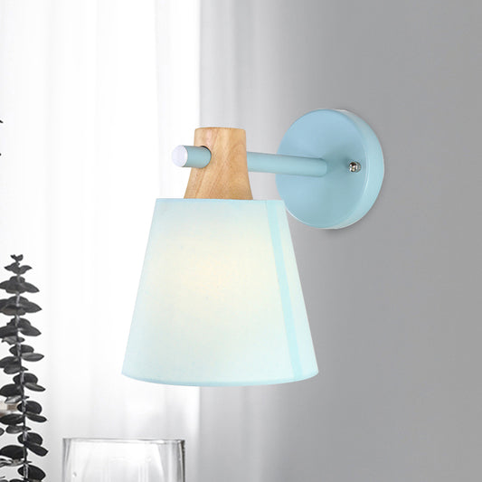 Conical Wall Light Fixture Macaron Fabric 1 Head Blue/White/Yellow Sconce Ideas with Straight Arm and Wood Lock Clearhalo 'Modern wall lights' 'Modern' 'Wall Lamps & Sconces' 'Wall Lights' Lighting' 1789576