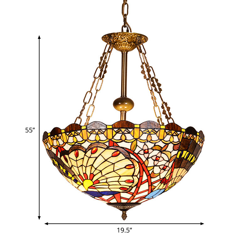 Stained Glass Peacock Pendant Light Foyer Tiffany Vintage Chandelier Light in Brass Finish Clearhalo 'Ceiling Lights' 'Chandeliers' 'Industrial' 'Middle Century Chandeliers' 'Pendant Lights' 'Tiffany Chandeliers' 'Tiffany close to ceiling' 'Tiffany' Lighting' 178960