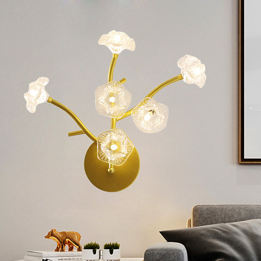 Floral Bedside Sconce Light Fixture Transparent Glass 6 Bulbs Modern Wall Mount Lamp in Gold Gold Clearhalo 'Cast Iron' 'Glass' 'Industrial' 'Modern wall lights' 'Modern' 'Tiffany' 'Traditional wall lights' 'Wall Lamps & Sconces' 'Wall Lights' Lighting' 1789631