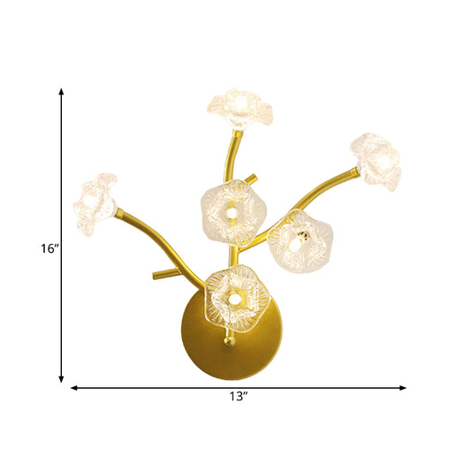 Floral Bedside Sconce Light Fixture Transparent Glass 6 Bulbs Modern Wall Mount Lamp in Gold Clearhalo 'Cast Iron' 'Glass' 'Industrial' 'Modern wall lights' 'Modern' 'Tiffany' 'Traditional wall lights' 'Wall Lamps & Sconces' 'Wall Lights' Lighting' 1789634
