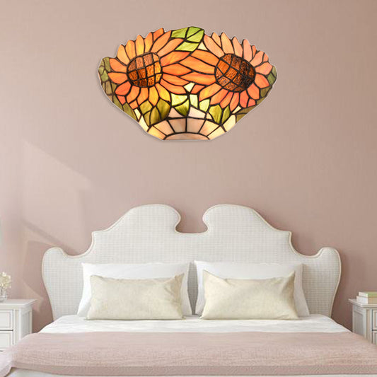 Rustic Style Orange Wall Sconce Sunflower Stained Glass 1 Light Wall Light for Restaurant Orange Clearhalo 'Industrial' 'Middle century wall lights' 'Tiffany wall lights' 'Tiffany' 'Wall Lamps & Sconces' 'Wall Lights' Lighting' 179029