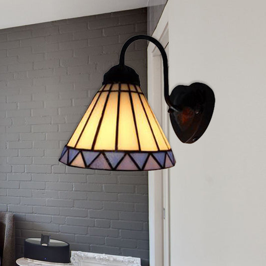 Cone Wall Light Fixture Tiffany Blue-White Glass 1 Head Black Sconce Lighting for Bedroom Blue-White Clearhalo 'Industrial' 'Middle century wall lights' 'Tiffany wall lights' 'Tiffany' 'Wall Lamps & Sconces' 'Wall Lights' Lighting' 179090