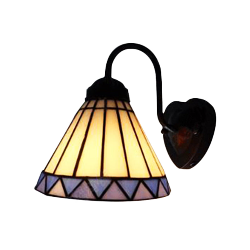 Cone Wall Light Fixture Tiffany Blue-White Glass 1 Head Black Sconce Lighting for Bedroom Clearhalo 'Industrial' 'Middle century wall lights' 'Tiffany wall lights' 'Tiffany' 'Wall Lamps & Sconces' 'Wall Lights' Lighting' 179092