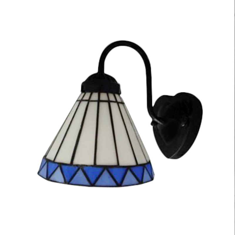 Cone Wall Light Fixture Tiffany Blue-White Glass 1 Head Black Sconce Lighting for Bedroom Clearhalo 'Industrial' 'Middle century wall lights' 'Tiffany wall lights' 'Tiffany' 'Wall Lamps & Sconces' 'Wall Lights' Lighting' 179094