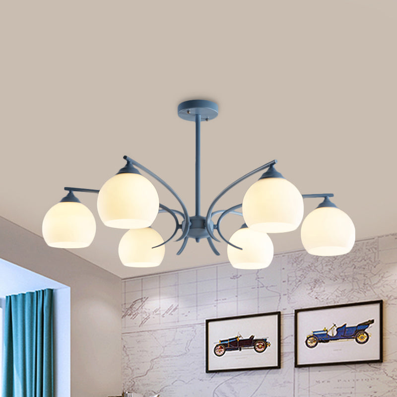 Sphere Shade Living Room Chandelier Opal Glass 6/8 Lights Macaron Stylish Blue/Green/Grey/Yellow Hanging Lamp 6 Blue Clearhalo 'Ceiling Lights' 'Chandeliers' 'Glass shade' 'Glass' 'Modern Chandeliers' 'Modern' Lighting' 1791050