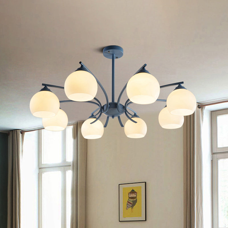 Sphere Shade Living Room Chandelier Opal Glass 6/8 Lights Macaron Stylish Blue/Green/Grey/Yellow Hanging Lamp 8 Blue Clearhalo 'Ceiling Lights' 'Chandeliers' 'Glass shade' 'Glass' 'Modern Chandeliers' 'Modern' Lighting' 1791054