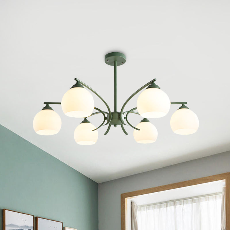 Sphere Shade Living Room Chandelier Opal Glass 6/8 Lights Macaron Stylish Blue/Green/Grey/Yellow Hanging Lamp 6 Green Clearhalo 'Ceiling Lights' 'Chandeliers' 'Glass shade' 'Glass' 'Modern Chandeliers' 'Modern' Lighting' 1791058