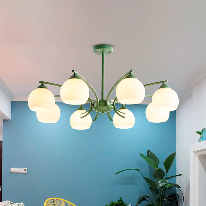 Sphere Shade Living Room Chandelier Opal Glass 6/8 Lights Macaron Stylish Blue/Green/Grey/Yellow Hanging Lamp Clearhalo 'Ceiling Lights' 'Chandeliers' 'Glass shade' 'Glass' 'Modern Chandeliers' 'Modern' Lighting' 1791064