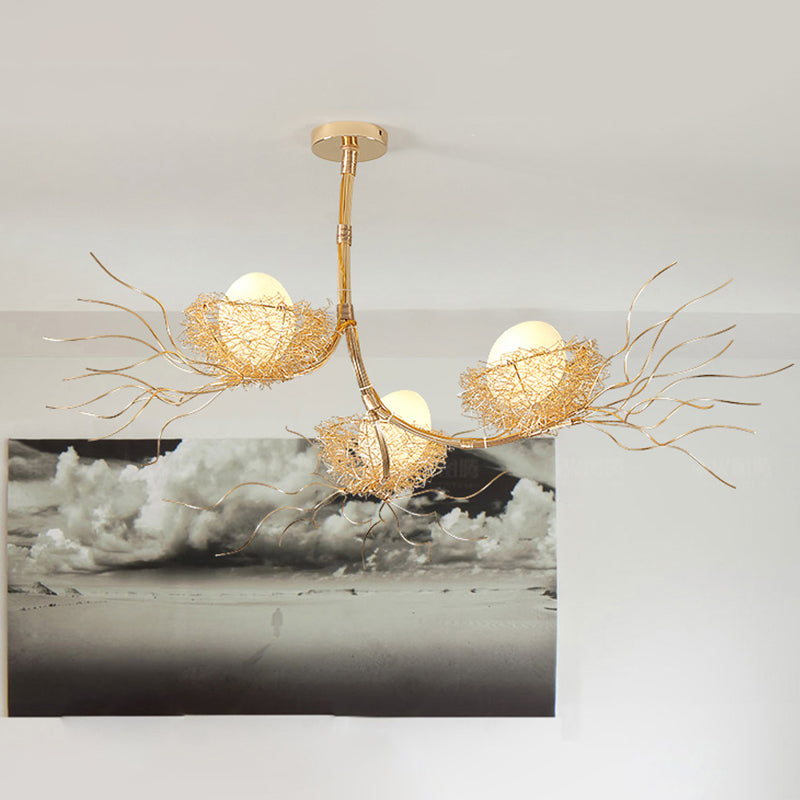 Modern Branch Hanging Light with Nest & Egg Three Lights Metal Chandelier in Gold for Study Room Gold Clearhalo 'Ceiling Lights' 'Chandeliers' 'Modern Chandeliers' 'Modern' Lighting' 1791075