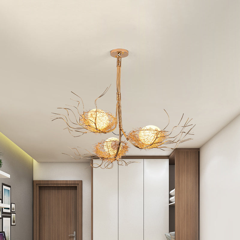 Modern Branch Hanging Light with Nest & Egg Three Lights Metal Chandelier in Gold for Study Room Clearhalo 'Ceiling Lights' 'Chandeliers' 'Modern Chandeliers' 'Modern' Lighting' 1791076