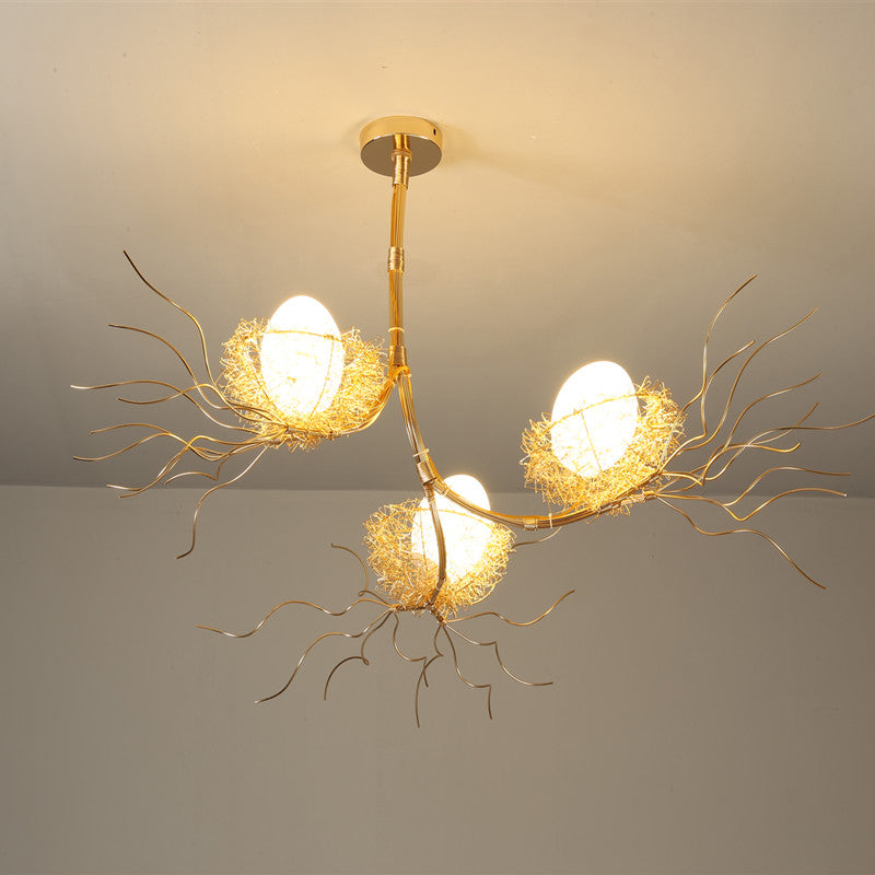 Modern Branch Hanging Light with Nest & Egg Three Lights Metal Chandelier in Gold for Study Room Clearhalo 'Ceiling Lights' 'Chandeliers' 'Modern Chandeliers' 'Modern' Lighting' 1791077