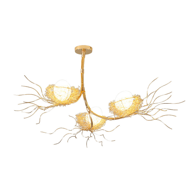 Modern Branch Hanging Light with Nest & Egg Three Lights Metal Chandelier in Gold for Study Room Clearhalo 'Ceiling Lights' 'Chandeliers' 'Modern Chandeliers' 'Modern' Lighting' 1791078