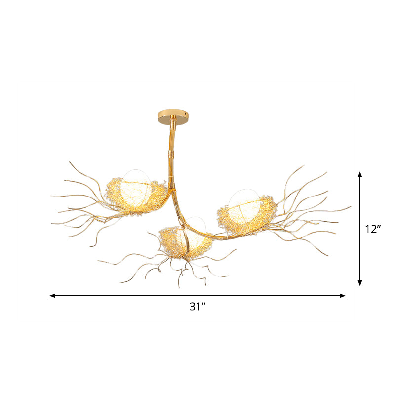 Modern Branch Hanging Light with Nest & Egg Three Lights Metal Chandelier in Gold for Study Room Clearhalo 'Ceiling Lights' 'Chandeliers' 'Modern Chandeliers' 'Modern' Lighting' 1791079