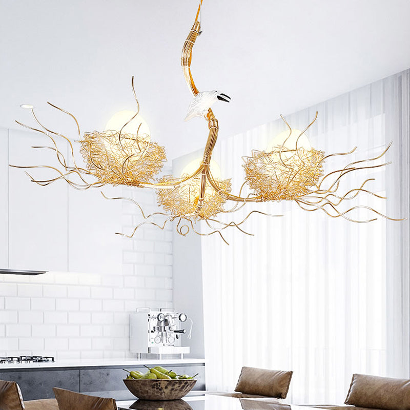 Cafe Thin Branch Pendant Lighting Metal 3 Lights Kids Gold Chandelier with Egg & Bird Gold B Clearhalo 'Ceiling Lights' 'Chandeliers' 'Modern Chandeliers' 'Modern' Lighting' 1791080