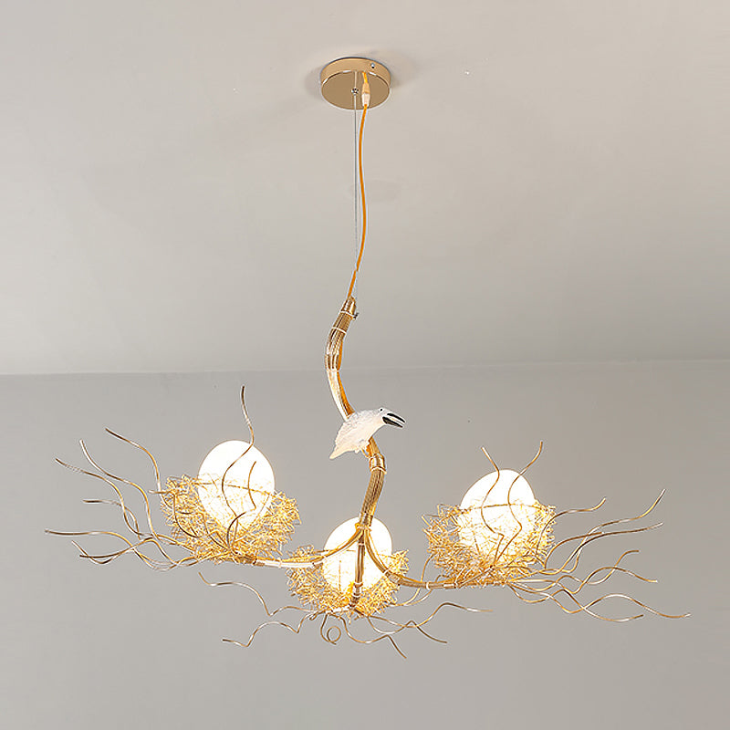 Cafe Thin Branch Pendant Lighting Metal 3 Lights Kids Gold Chandelier with Egg & Bird Clearhalo 'Ceiling Lights' 'Chandeliers' 'Modern Chandeliers' 'Modern' Lighting' 1791081