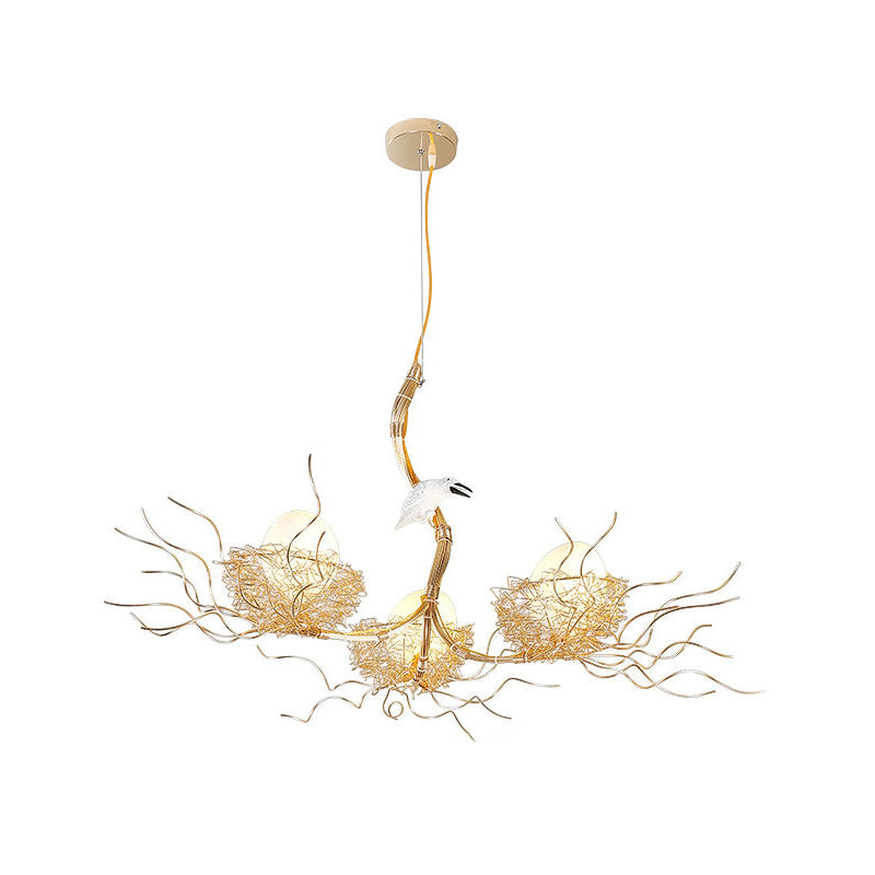 Cafe Thin Branch Pendant Lighting Metal 3 Lights Kids Gold Chandelier with Egg & Bird Clearhalo 'Ceiling Lights' 'Chandeliers' 'Modern Chandeliers' 'Modern' Lighting' 1791082