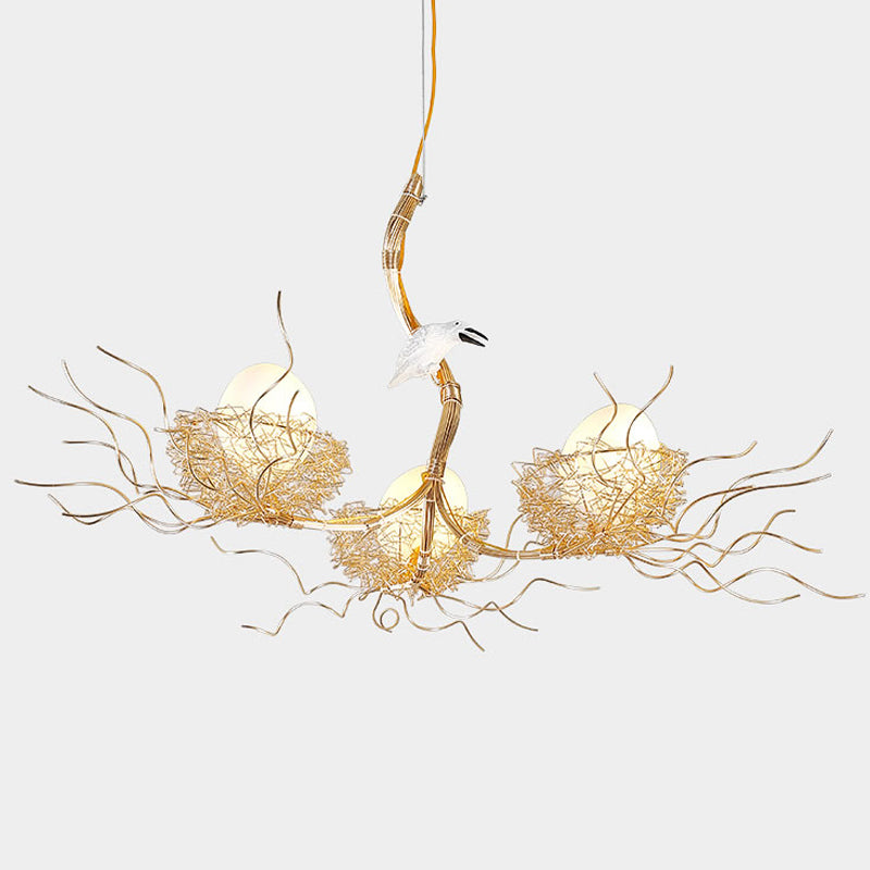 Cafe Thin Branch Pendant Lighting Metal 3 Lights Kids Gold Chandelier with Egg & Bird Clearhalo 'Ceiling Lights' 'Chandeliers' 'Modern Chandeliers' 'Modern' Lighting' 1791083