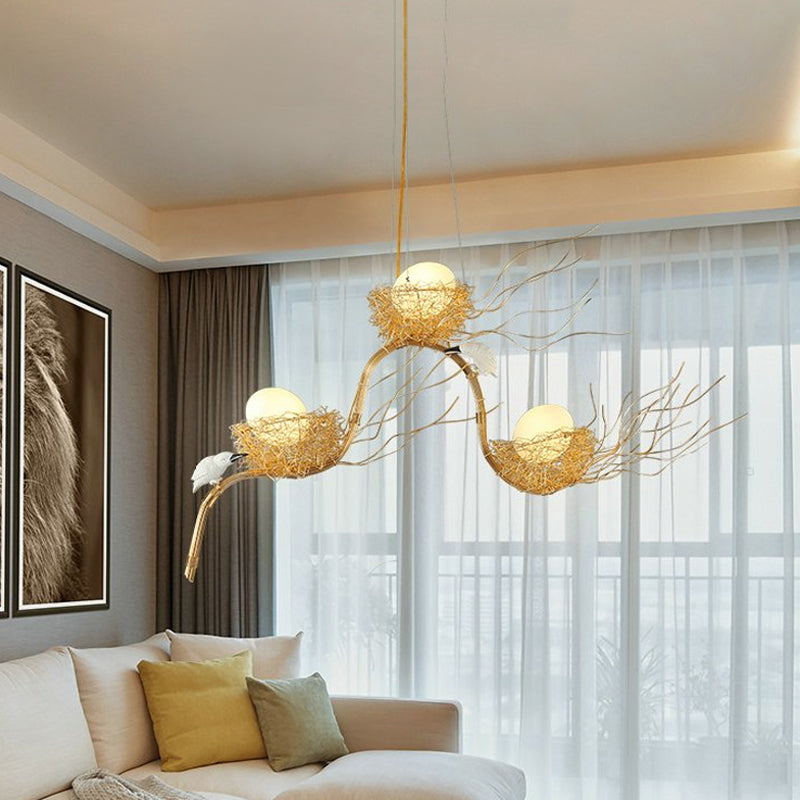 Cafe Thin Branch Pendant Lighting Metal 3 Lights Kids Gold Chandelier with Egg & Bird Gold A Clearhalo 'Ceiling Lights' 'Chandeliers' 'Modern Chandeliers' 'Modern' Lighting' 1791085