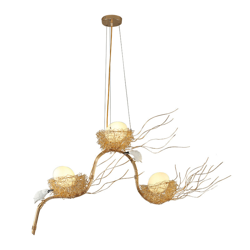 Cafe Thin Branch Pendant Lighting Metal 3 Lights Kids Gold Chandelier with Egg & Bird Clearhalo 'Ceiling Lights' 'Chandeliers' 'Modern Chandeliers' 'Modern' Lighting' 1791087