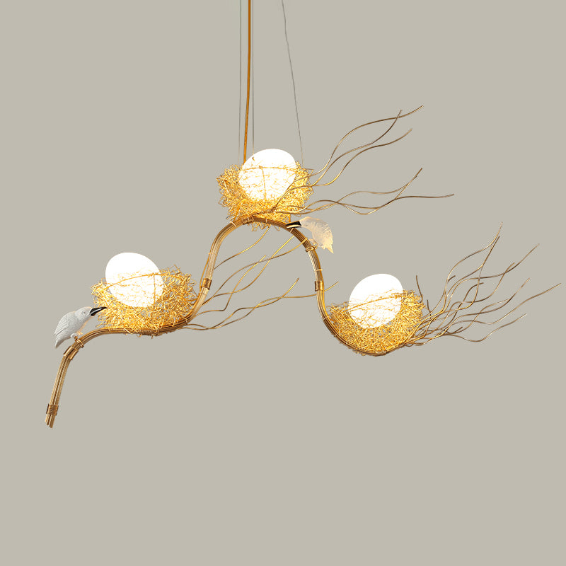 Cafe Thin Branch Pendant Lighting Metal 3 Lights Kids Gold Chandelier with Egg & Bird Clearhalo 'Ceiling Lights' 'Chandeliers' 'Modern Chandeliers' 'Modern' Lighting' 1791088