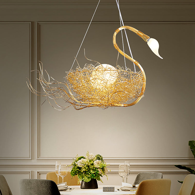 Metal Thin Twig Hanging Light Balcony Bedroom 3 Lights Creative Chandelier with Nest & Egg in Gold Gold Clearhalo 'Ceiling Lights' 'Chandeliers' 'Modern Chandeliers' 'Modern' Lighting' 1791090