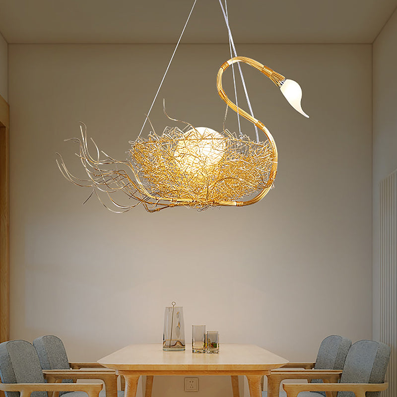 Metal Thin Twig Hanging Light Balcony Bedroom 3 Lights Creative Chandelier with Nest & Egg in Gold Clearhalo 'Ceiling Lights' 'Chandeliers' 'Modern Chandeliers' 'Modern' Lighting' 1791091