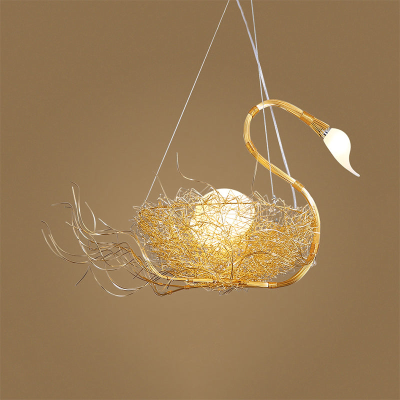 Metal Thin Twig Hanging Light Balcony Bedroom 3 Lights Creative Chandelier with Nest & Egg in Gold Clearhalo 'Ceiling Lights' 'Chandeliers' 'Modern Chandeliers' 'Modern' Lighting' 1791093