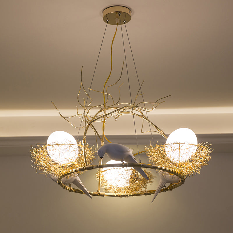 3 Lights Circle Nest Chandelier Lovely Metal Pendant Light with Bird & Egg in Gold for Cafe Gold Clearhalo 'Ceiling Lights' 'Chandeliers' 'Modern Chandeliers' 'Modern' Lighting' 1791095