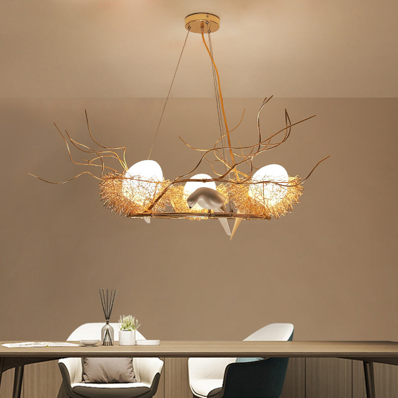 3 Lights Circle Nest Chandelier Lovely Metal Pendant Light with Bird & Egg in Gold for Cafe Clearhalo 'Ceiling Lights' 'Chandeliers' 'Modern Chandeliers' 'Modern' Lighting' 1791097