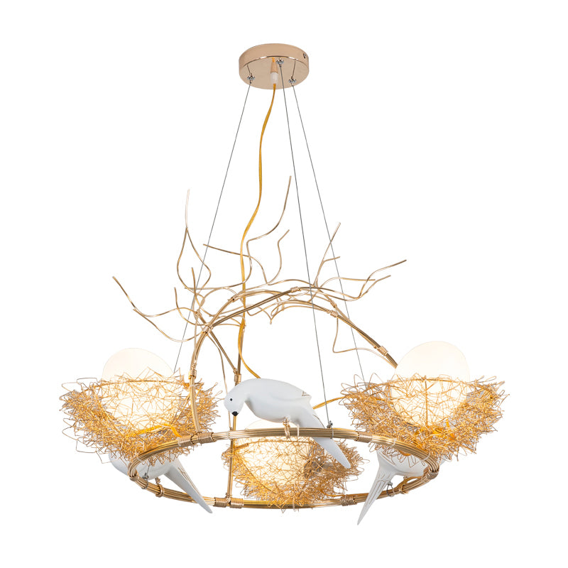 3 Lights Circle Nest Chandelier Lovely Metal Pendant Light with Bird & Egg in Gold for Cafe Clearhalo 'Ceiling Lights' 'Chandeliers' 'Modern Chandeliers' 'Modern' Lighting' 1791098