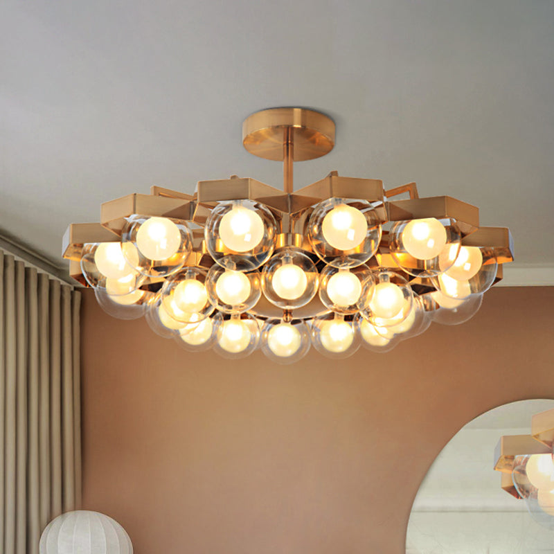 Metallic Flower Shaped Chandelier with Globe Shade Living Room 24 Lights Elegant Hanging Light in Gold Gold Clearhalo 'Ceiling Lights' 'Chandeliers' 'Modern Chandeliers' 'Modern' Lighting' 1791120