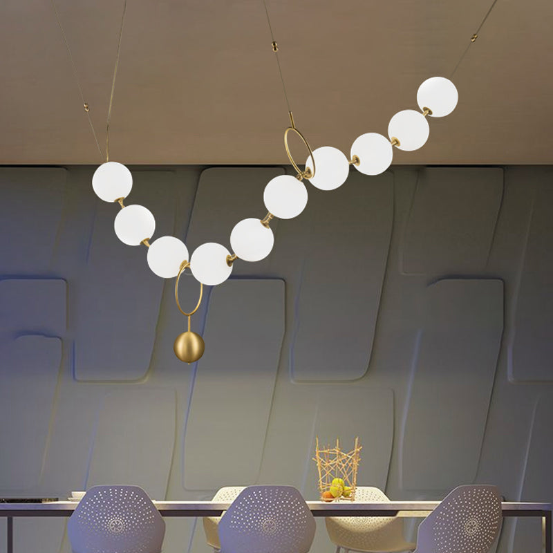 Necklace-Shape Dining Table Chandelier Milk Glass 10 Lights Simple Hanging Light in Gold Clearhalo 'Ceiling Lights' 'Chandeliers' 'Glass shade' 'Glass' 'Modern Chandeliers' 'Modern' Lighting' 1791131