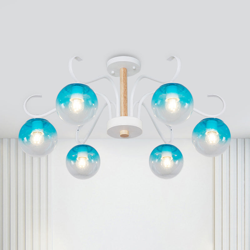 Living Room Twist Arm Chandelier with Orbit Shade Clear Glass Romantic Blue Pendant Light 6 Blue Clearhalo 'Ceiling Lights' 'Chandeliers' 'Glass shade' 'Glass' 'Modern Chandeliers' 'Modern' Lighting' 1791172