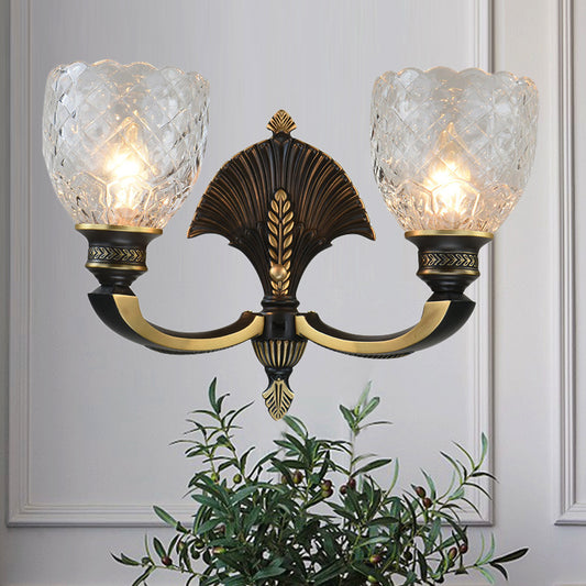 1/2-Light Wall Light Fixture Vintage Dome Clear Glass Wall Sconce with Curved Arm in Brass for Study Clearhalo 'Wall Lamps & Sconces' 'Wall Lights' Lighting' 1791230