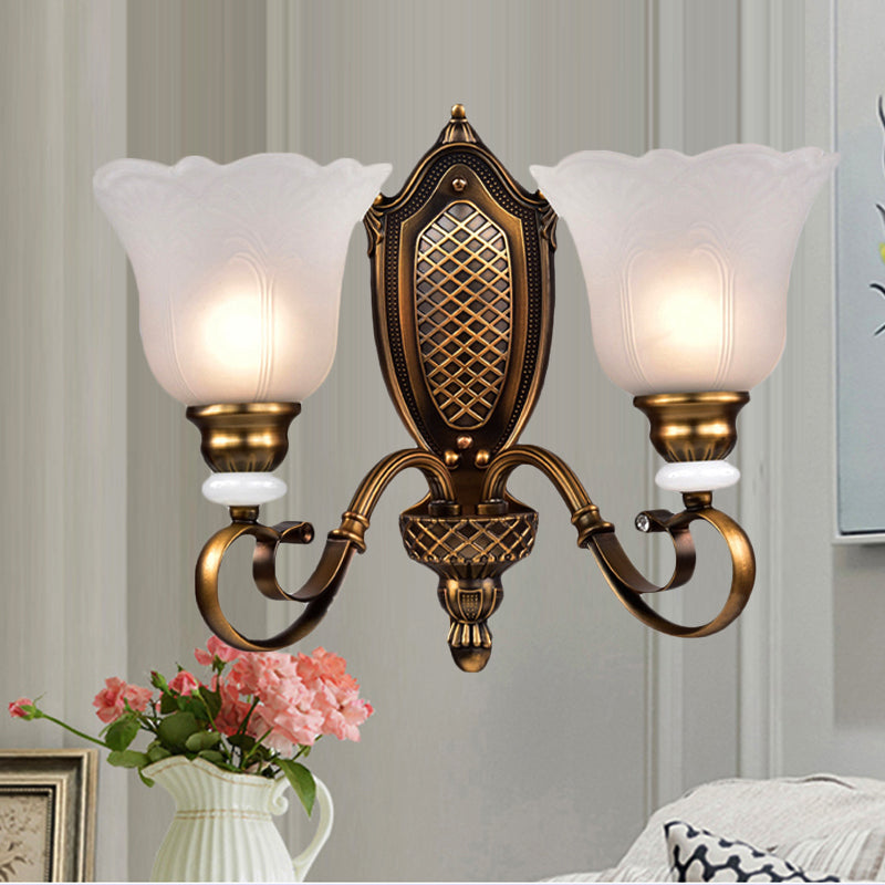 Retro Floral Sconce Light Fixture 1/2-Light White Glass Wall Mounted Light with Metal Curved Arm in Bronze 2.0 Bronze Clearhalo 'Wall Lamps & Sconces' 'Wall Lights' Lighting' 1791232