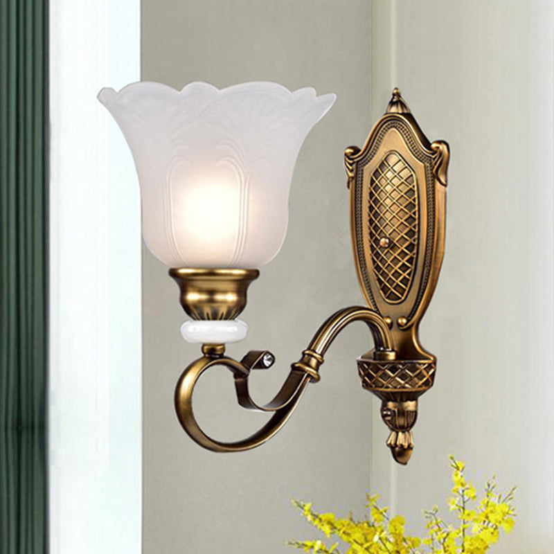 Retro Floral Sconce Light Fixture 1/2-Light White Glass Wall Mounted Light with Metal Curved Arm in Bronze 1.0 Bronze Clearhalo 'Wall Lamps & Sconces' 'Wall Lights' Lighting' 1791234