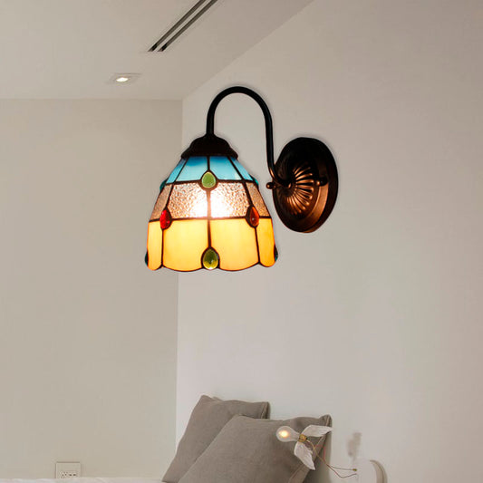 Tiffany Dome Wall Light Fixture 1 Head Yellow-Blue Glass Sconce Light with Agate Decoration Yellow-Blue Clearhalo 'Industrial' 'Middle century wall lights' 'Tiffany wall lights' 'Tiffany' 'Wall Lamps & Sconces' 'Wall Lights' Lighting' 179131