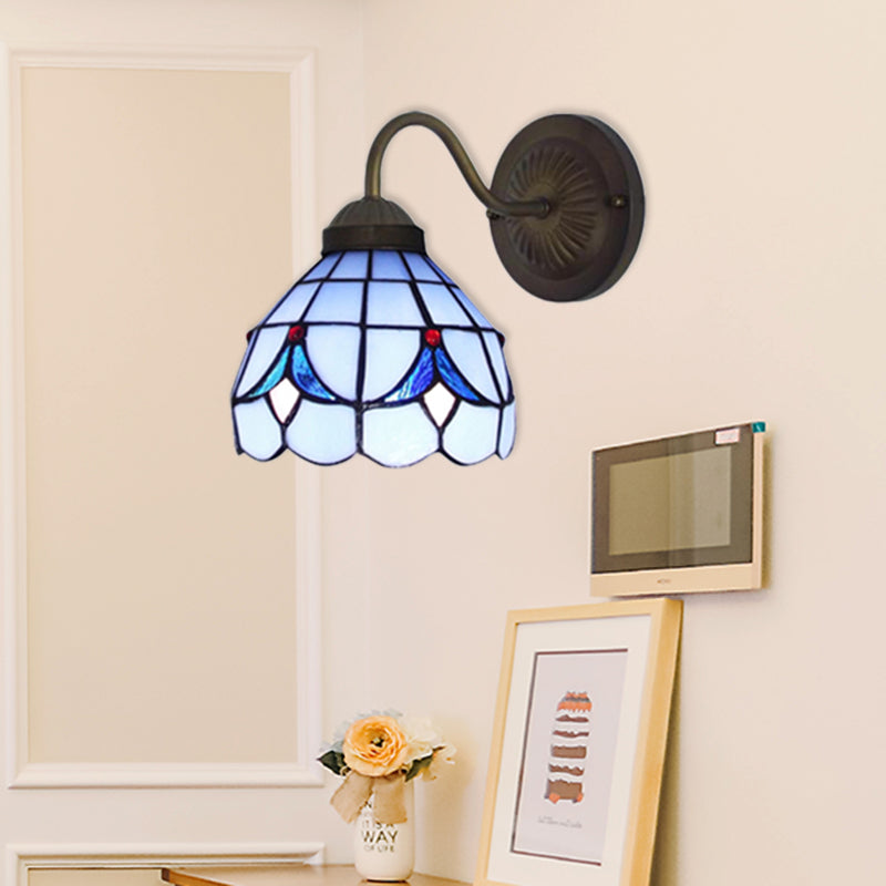 1 Head Flower Sconce Light Fixture Tiffany White/Blue Glass Wall Mounted Light for Bedroom Blue Clearhalo 'Industrial' 'Middle century wall lights' 'Tiffany wall lights' 'Tiffany' 'Wall Lamps & Sconces' 'Wall Lights' Lighting' 179143