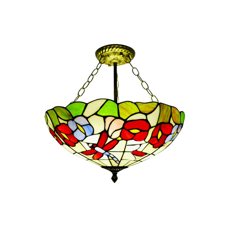 Colorful Blossom Dragonfly Ceiling Light Traditional Tiffany Semi Ceiling Mount Light for Kitchen Clearhalo 'Ceiling Lights' 'Close To Ceiling Lights' 'Close to ceiling' 'Glass shade' 'Glass' 'Semi-flushmount' 'Tiffany close to ceiling' 'Tiffany' Lighting' 179153
