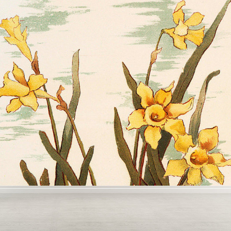 Yellow Flowers Mural Decal Florentine Contemporary Stain-Proof Wall Art for Kitchen Yellow Clearhalo 'Wall Decor' 'Wall Mural' 1791762