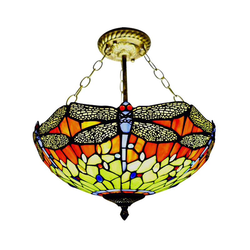 Lodge Dragonfly Semi Flush Ceiling Light Stained Glass Tiffany Rustic Orange/Yellow Ceiling Lamp for Cloth Shop Clearhalo 'Ceiling Lights' 'Close To Ceiling Lights' 'Close to ceiling' 'Glass shade' 'Glass' 'Semi-flushmount' 'Tiffany close to ceiling' 'Tiffany' Lighting' 179177