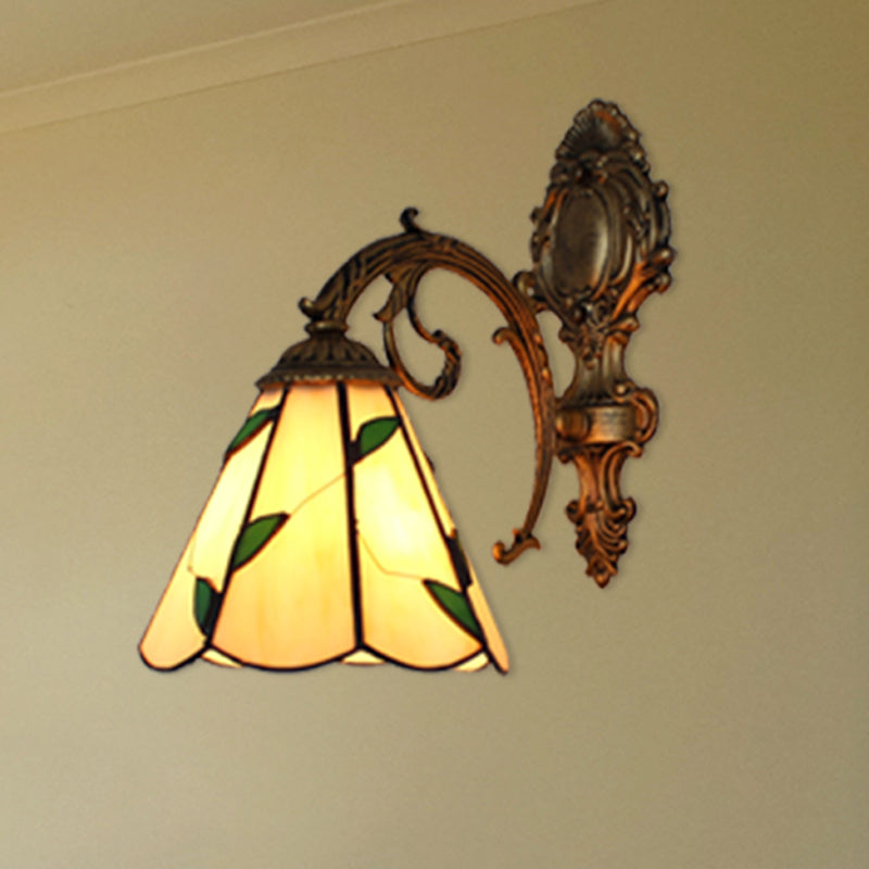 Leaf Corridor Sconce Light with Carved Base Glass 1 Light Tiffany Wall Sconce in Beige Beige Clearhalo 'Industrial' 'Middle century wall lights' 'Tiffany wall lights' 'Tiffany' 'Wall Lamps & Sconces' 'Wall Lights' Lighting' 179208