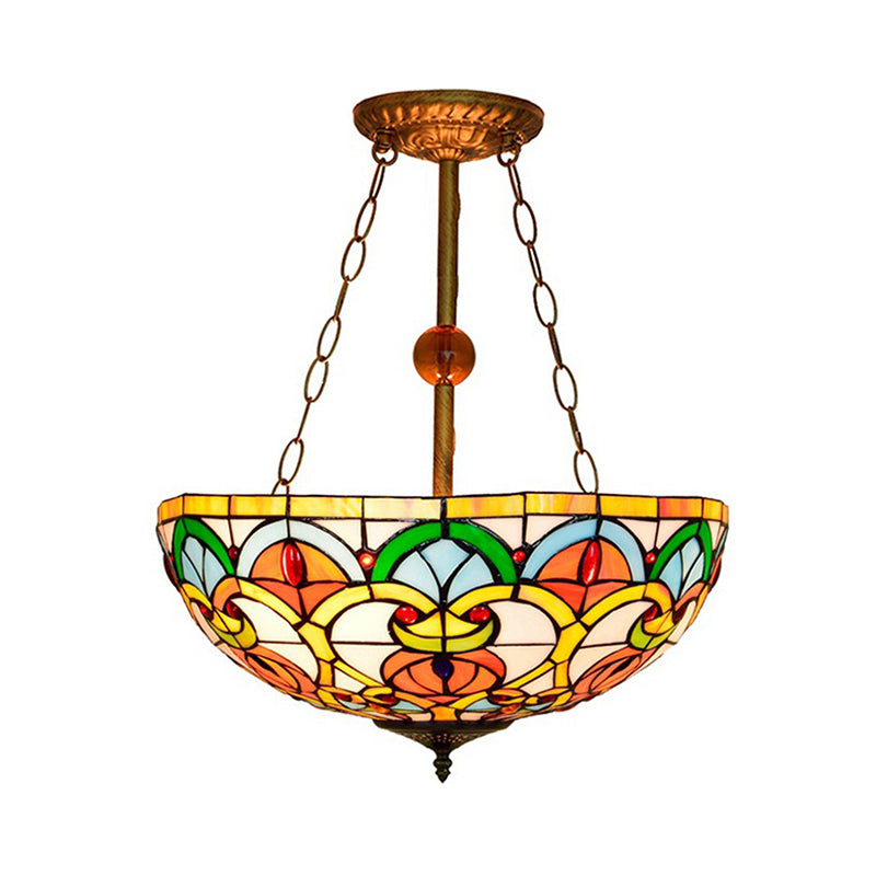 Multi-Colored Bowl Ceiling Mount Light Tiffany Victorian Stained Glass Inverted Ceiling Lamp for Bedroom Clearhalo 'Ceiling Lights' 'Chandeliers' 'Close To Ceiling Lights' 'Close to ceiling' 'Glass shade' 'Glass' 'Semi-flushmount' 'Tiffany close to ceiling' 'Tiffany' Lighting' 179214